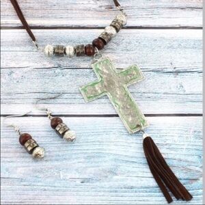 Patina Cross Hematite Disk Leather 3pc Set Vegan Leather Silver Cross Necklace